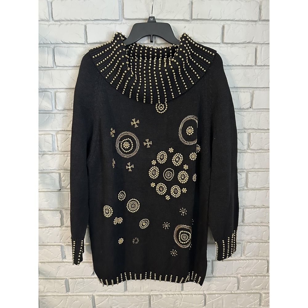 Chelsea Way Womens Medium Black Gold Beaded Turtleneck Pullover Sweater Tunic